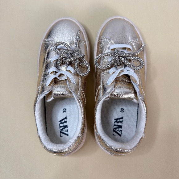 Zara Metallic Gold Rhinestone Bow Sneakers Kids Size 30 Excellent 3428/230/303 - Picture 2 of 5